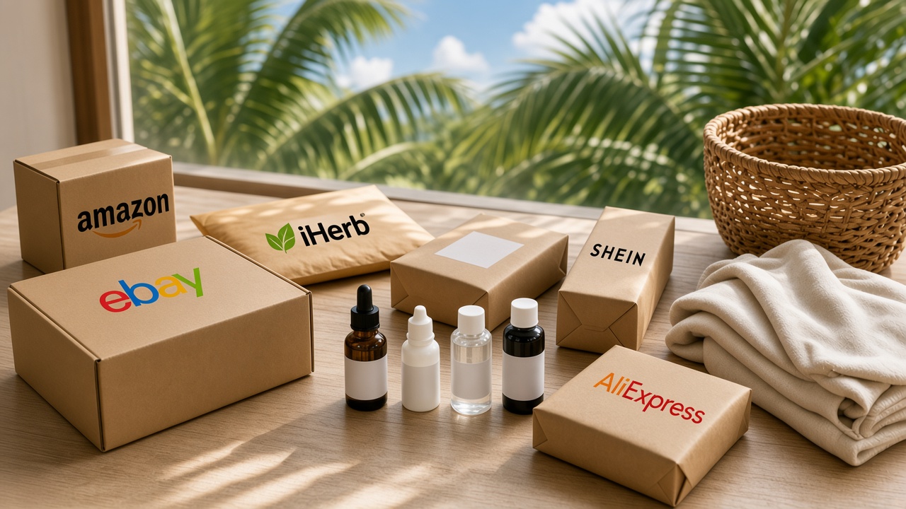 Parcels labeled Amazon, eBay, iHerb, Shein, and AliExpress on a Bali terrace table for jastip import Bali